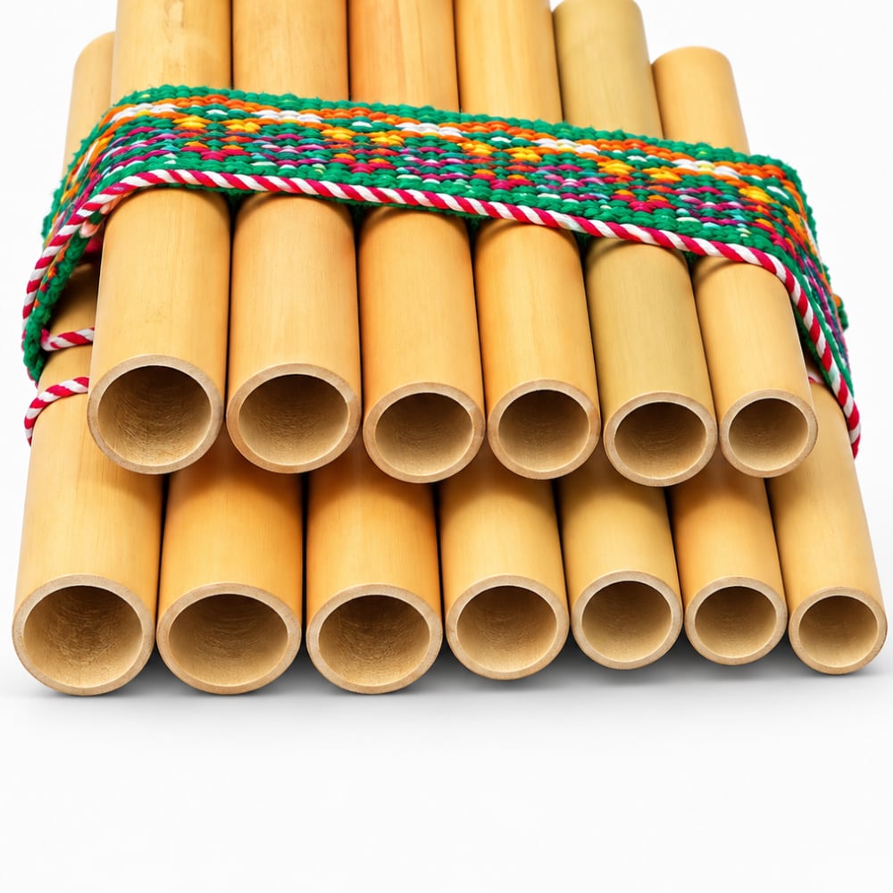 Close-up of bamboo Zanpona panpipes showing the inside of the tubes and the colourful woven band holding them together.
