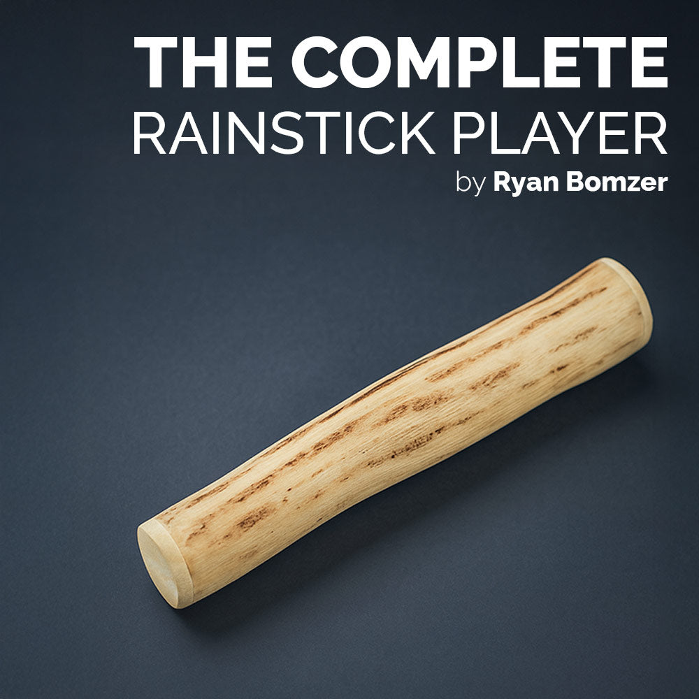 Wooden rainstick on a dark background with text 'The Complete Rainstick Player by Ryan Bomzer'.