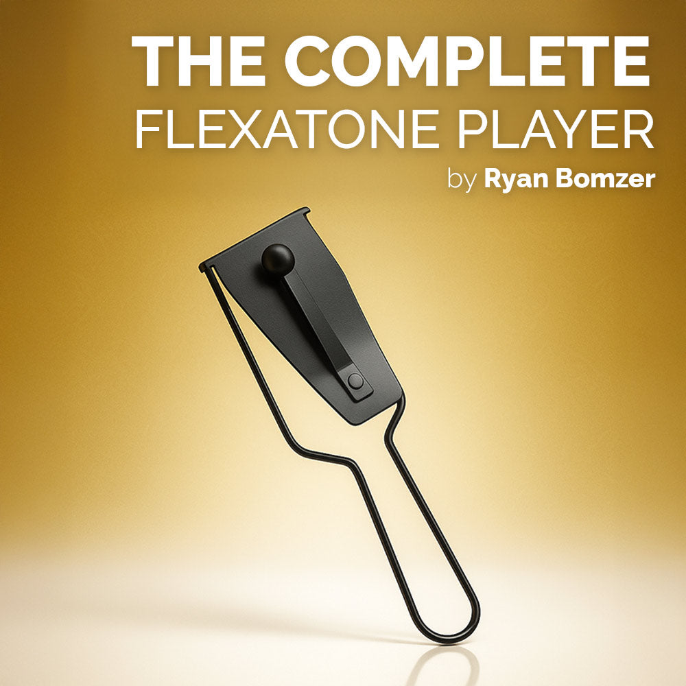 Flexatone musical instrument on a gold and white gradient background with text “the complete Flexatone player by ryan bomzer
