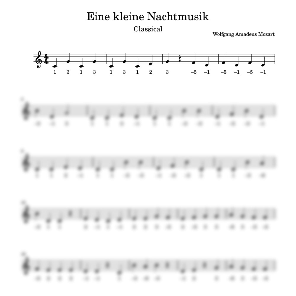 Sheet music for 'Eine kleine Nachtmusik' by Wolfgang Amadeus Mozart with musical notation and numbers.