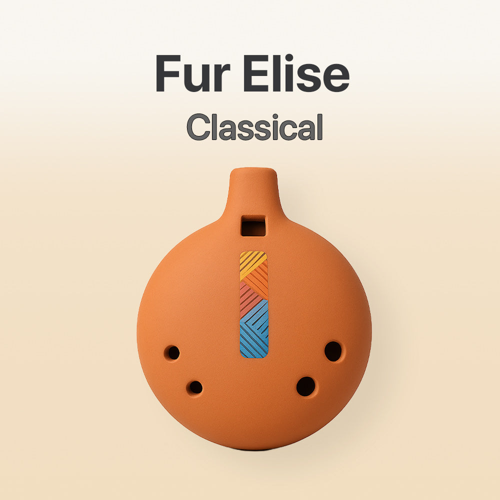 Terracotta-colored ocarina with colorful design on a beige background, featuring the text 'Fur Elise Classical'.