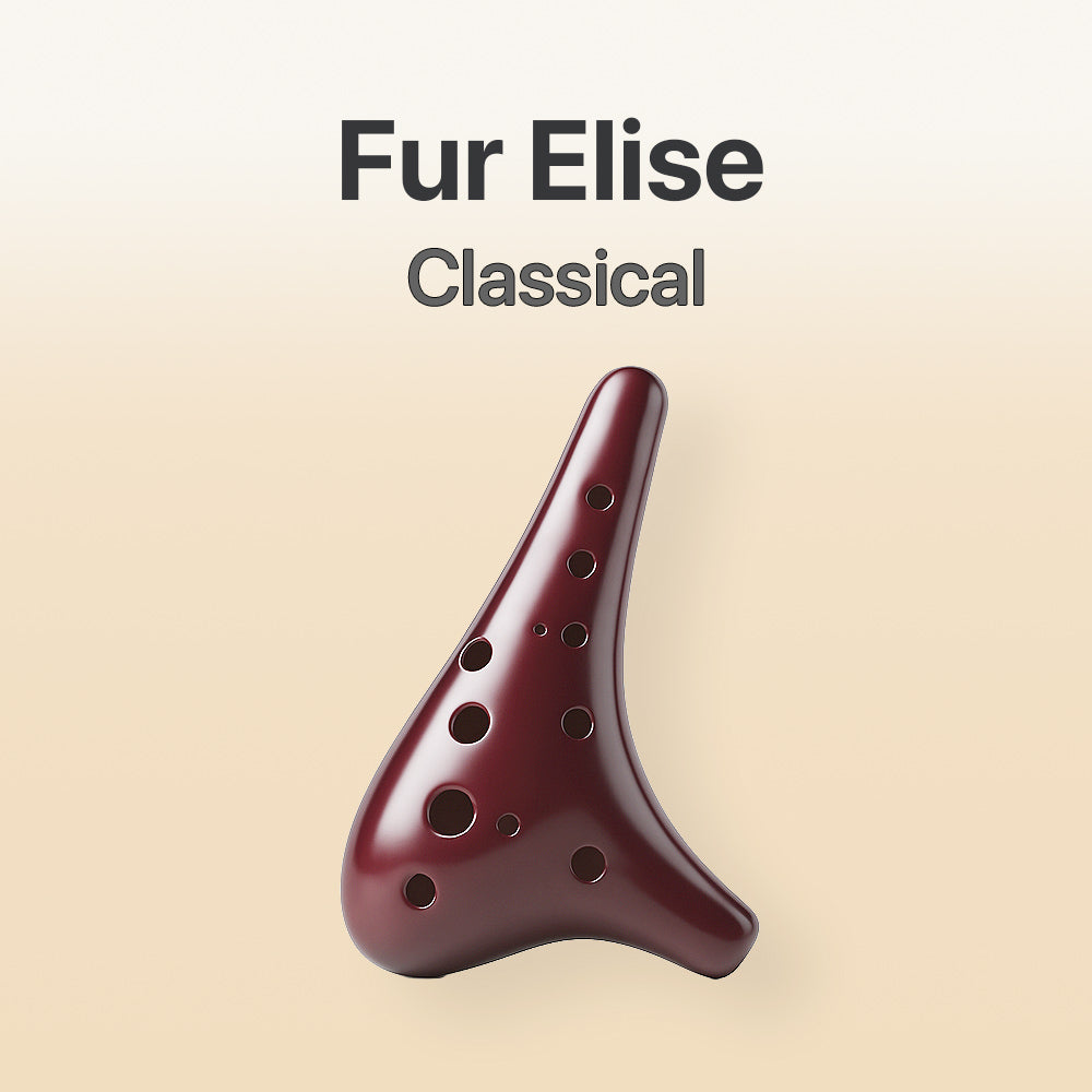 Red ocarina with 'Fur Elise Classical' text on a beige background