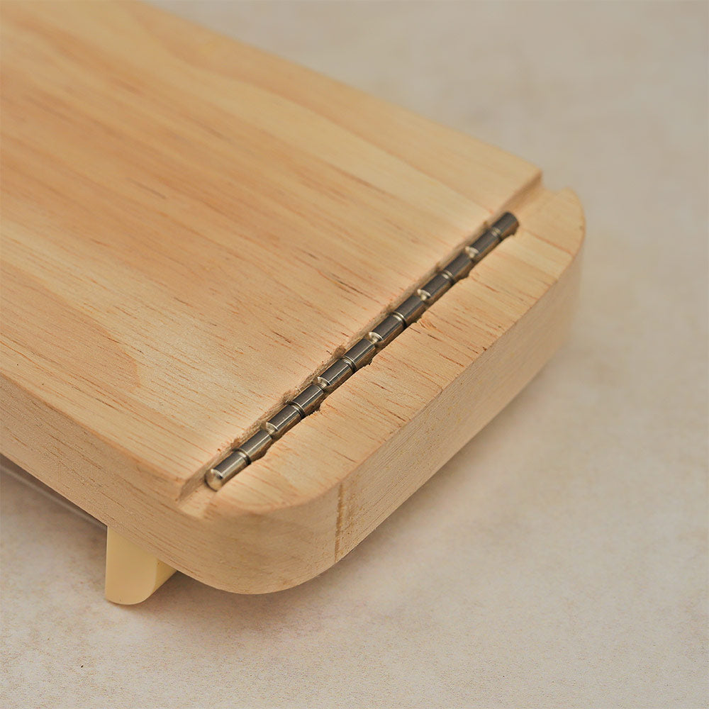 Close-up of the back metal plate of the Guzheng Finger Trainer, securing the strings.