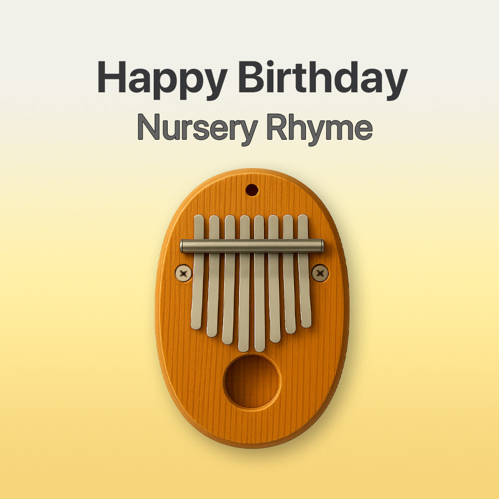 Wooden kalimba with 'Happy Birthday Nursery Rhyme' text on a yellow background