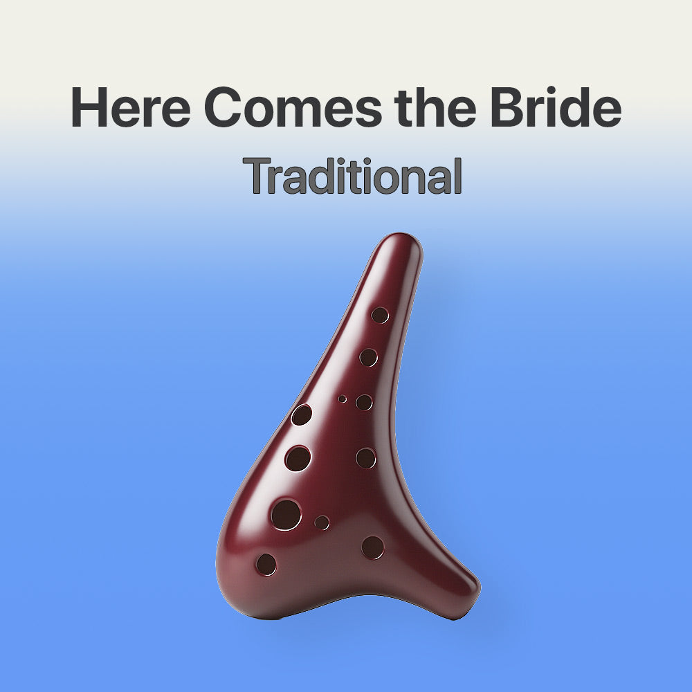 Red ocarina on a blue background with text 'Here Comes the Bride Traditional'.