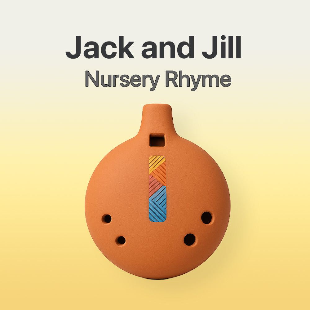 Terracotta-colored ocarina with colorful design on a yellow background, featuring 'Jack and Jill Nursery Rhyme' text.