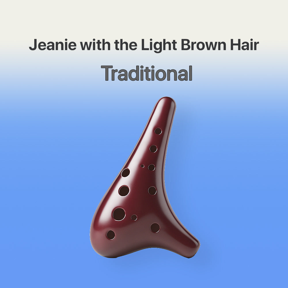 Brown ocarina on a blue background with text 'Jeanie with the Light Brown Hair Traditional'.