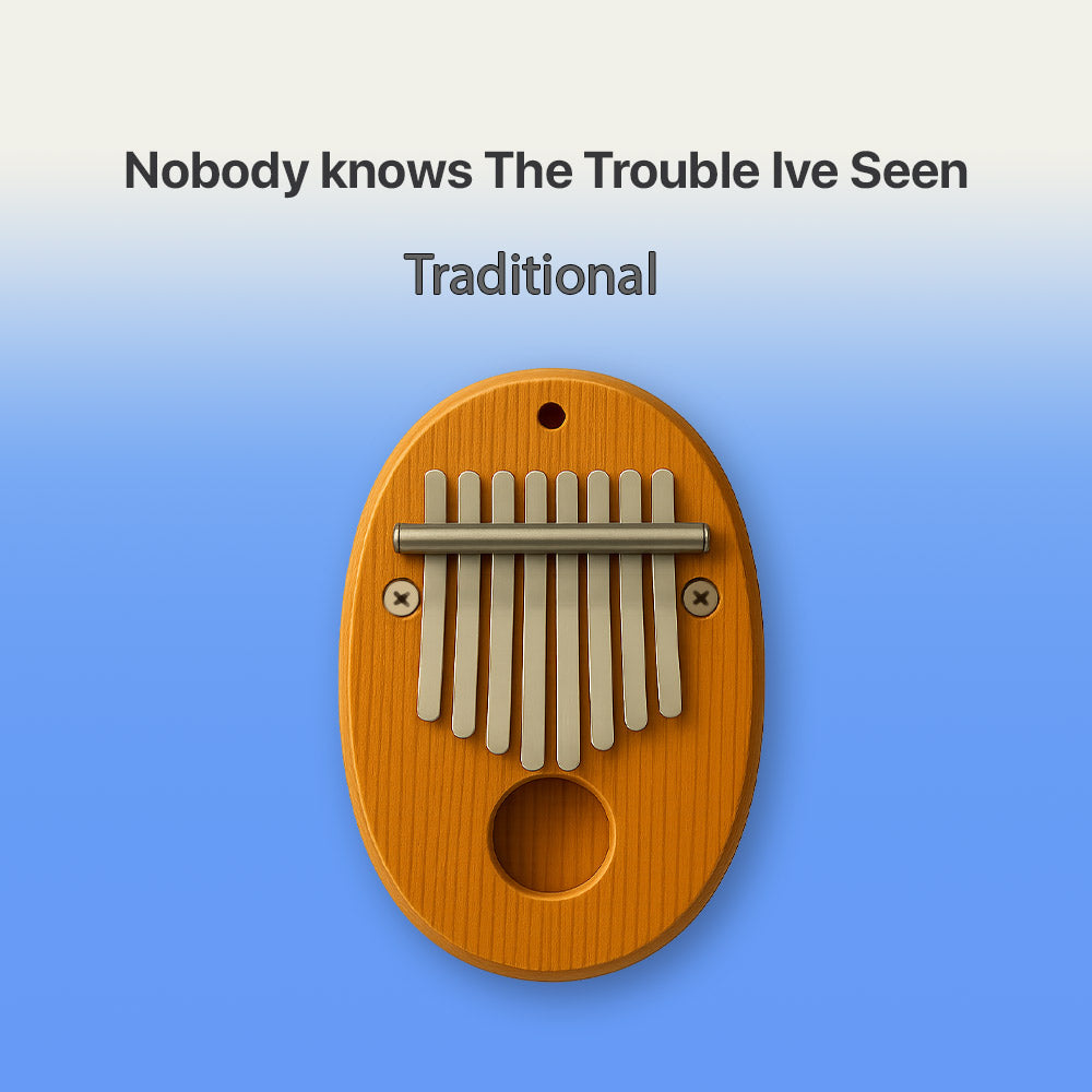Wooden kalimba on a blue background with text 'Nobody knows The Trouble Ive Seen' and 'Traditional'.