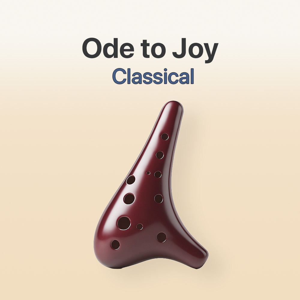Red ocarina with 'Ode to Joy Classical' text on a beige background