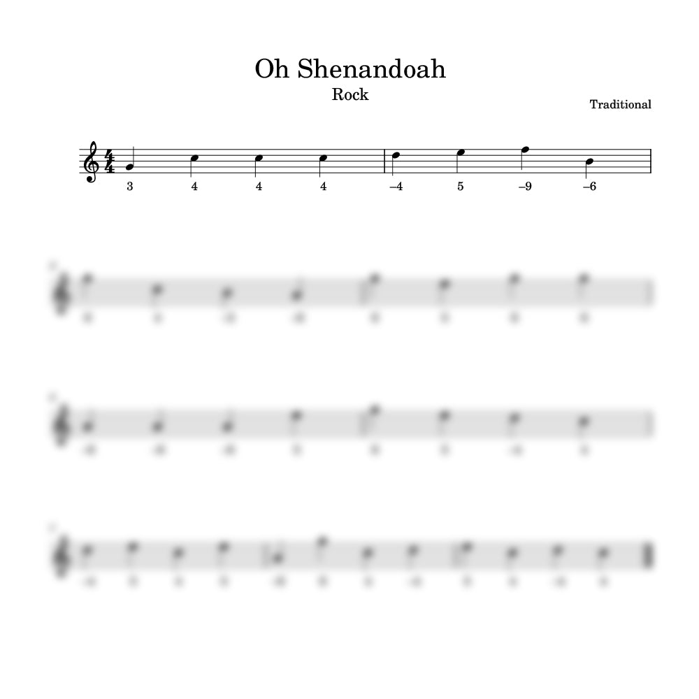 Sheet music for 'Oh Shenandoah' with staff notation and clef symbols.