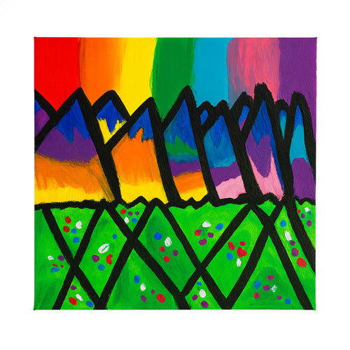 Colourful abstract painting with black zig-zag shapes over a rainbow sky and green field, by Olivia Bomzer