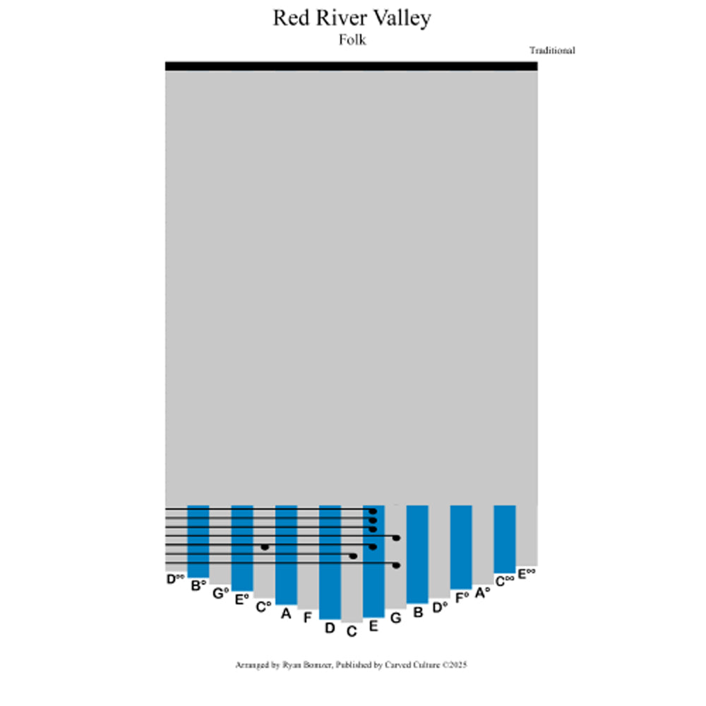 Sheet music cover for 'Red River Valley' with a guitar chord chart on a white background