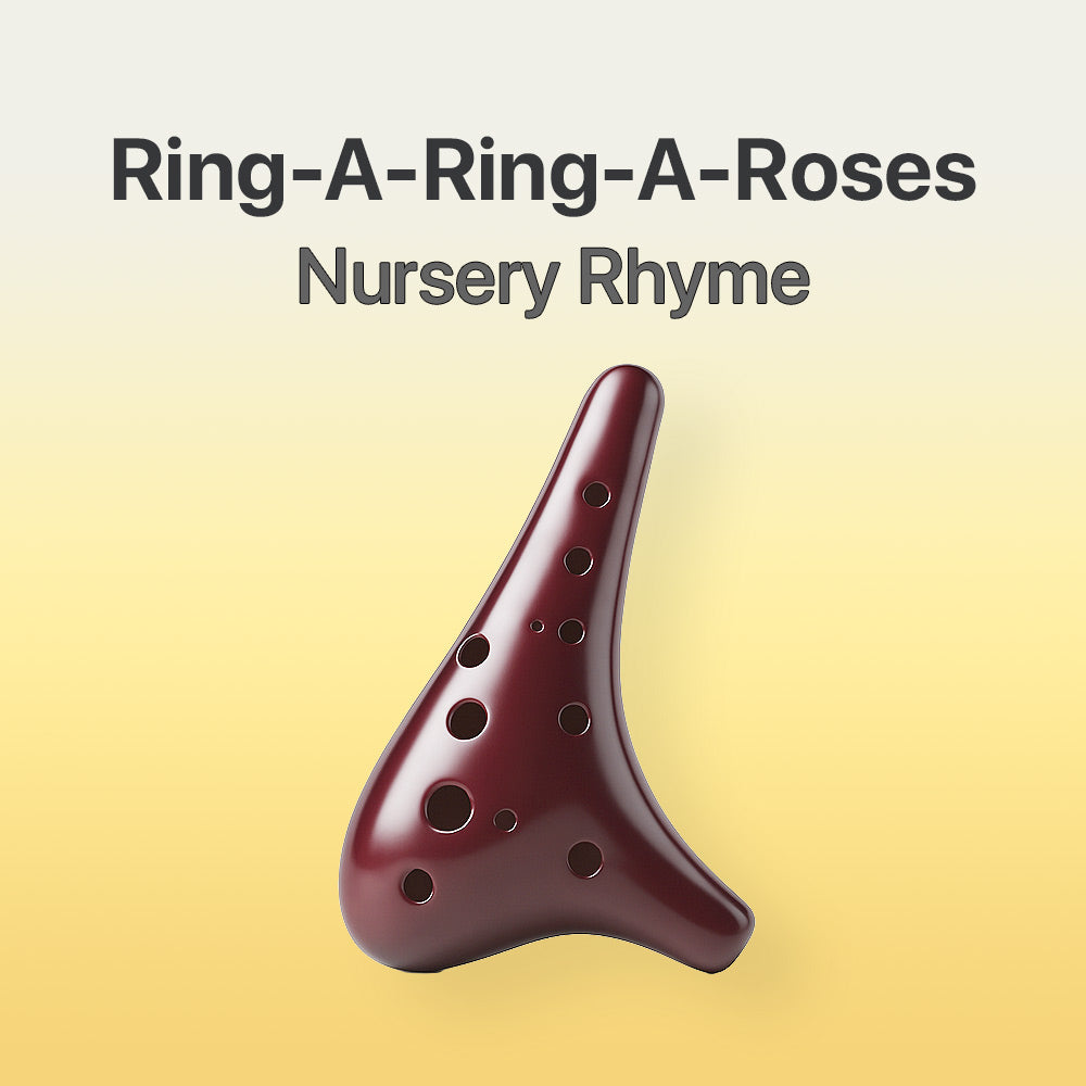 Wooden ocarina with text 'Ring-A-Ring-A-Roses Nursery Rhyme' on a gradient background