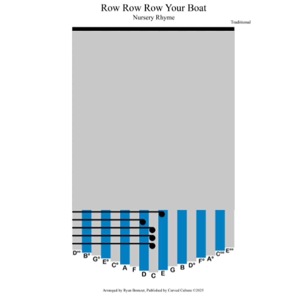 Sheet music cover for 'Row Row Row Your Boat' with blue staff notation on a gray background