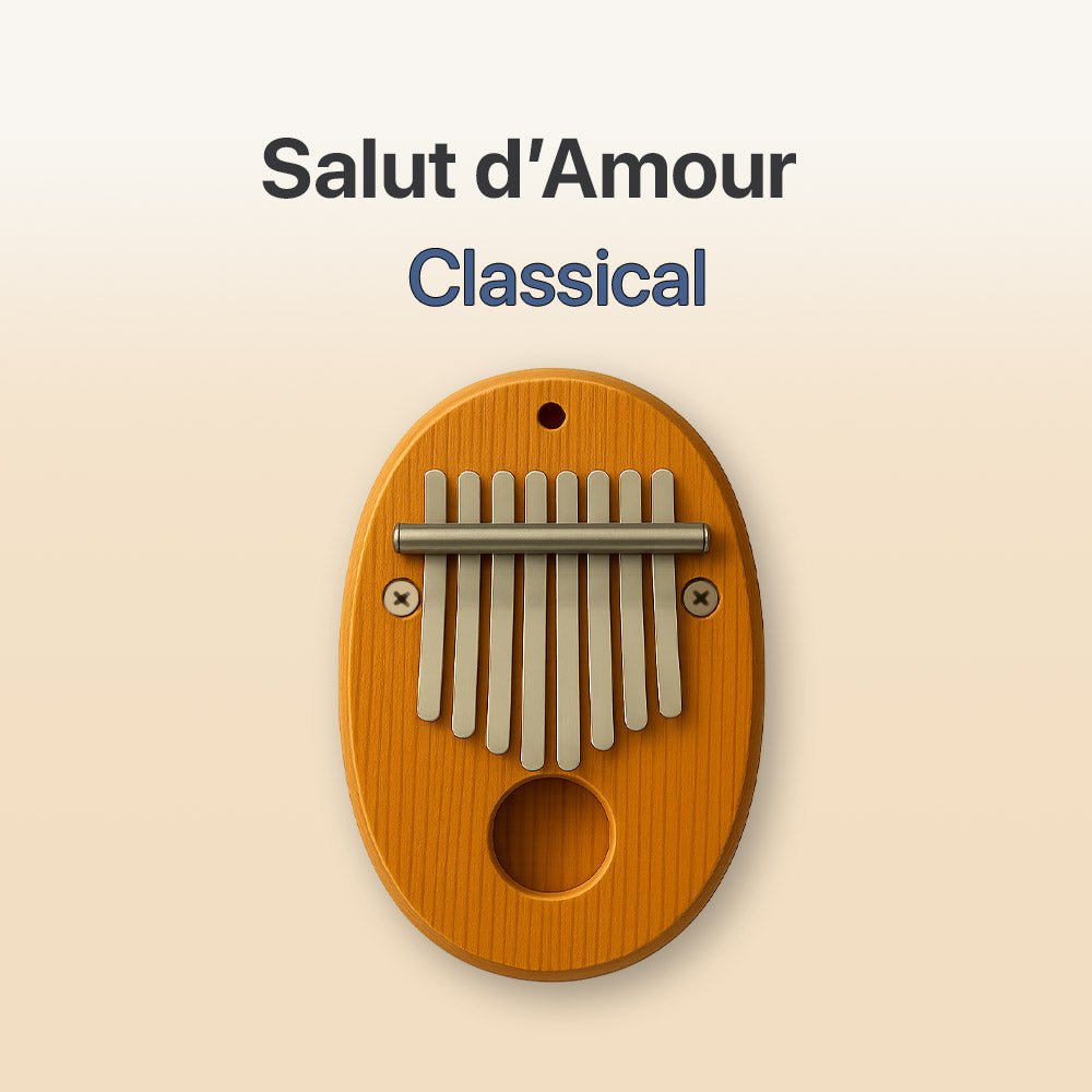 Wooden kalimba with metal tines on a beige background, featuring 'Salut d'Amour Classical' text.