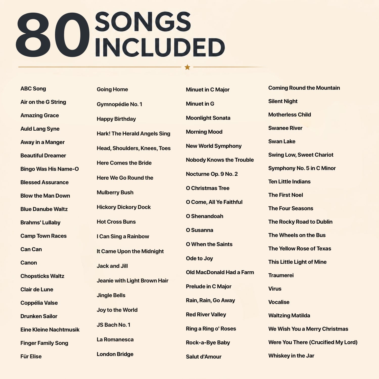 A beige sheet featuring a large black title reading '80 SONGS INCLUDED' at the top, with four columns of song titles listed below in smaller black text.
