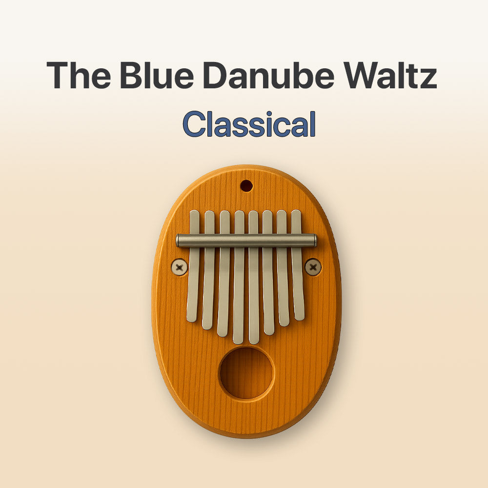 Wooden kalimba with 'The Blue Danube Waltz' and 'Classical' text on a beige background