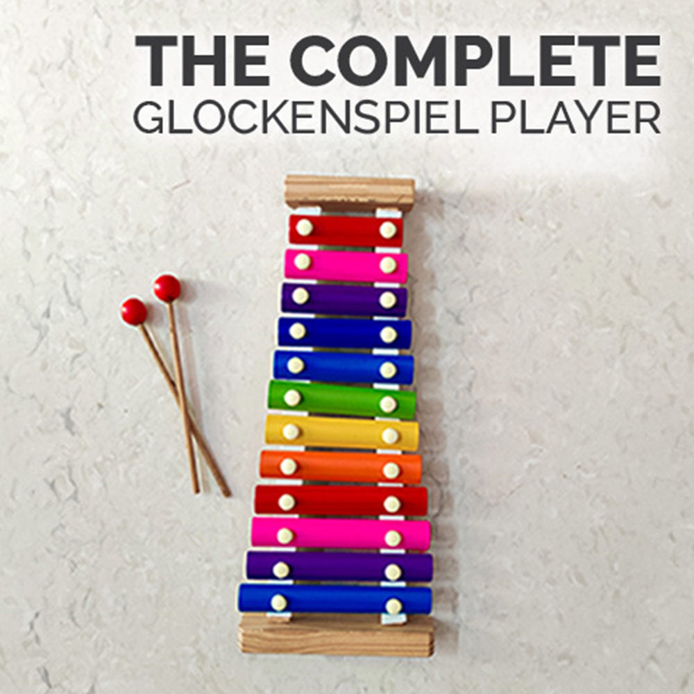 Colorful glockenspiel with two mallets on a light gray background with text "The Complete Glockenspiel Player"