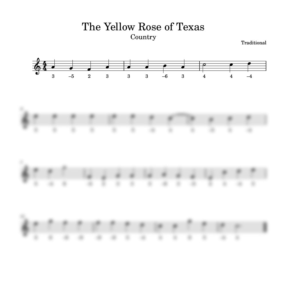 Sheet music for 'The Yellow Rose of Texas' with staff notation and clef symbols.