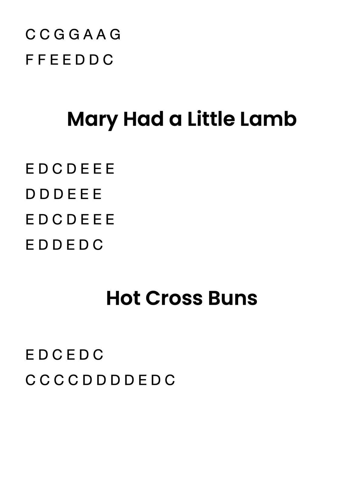 Text-based lyrics of 'Mary Had a Little Lamb' and 'Hot Cross Buns' on a white background