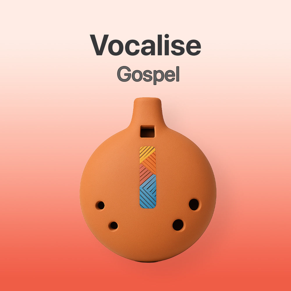 Ceramic ocarina with colorful design on a gradient background, featuring the brand 'Vocalise'.