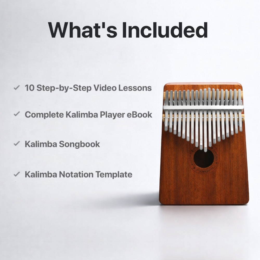Wooden kalimba with text listing included items on a gray background