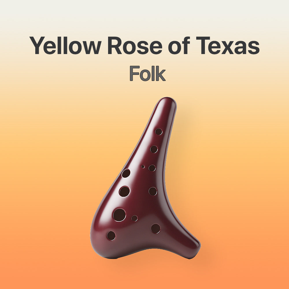 Wooden ocarina with 'Yellow Rose of Texas Folk' text on a gradient background