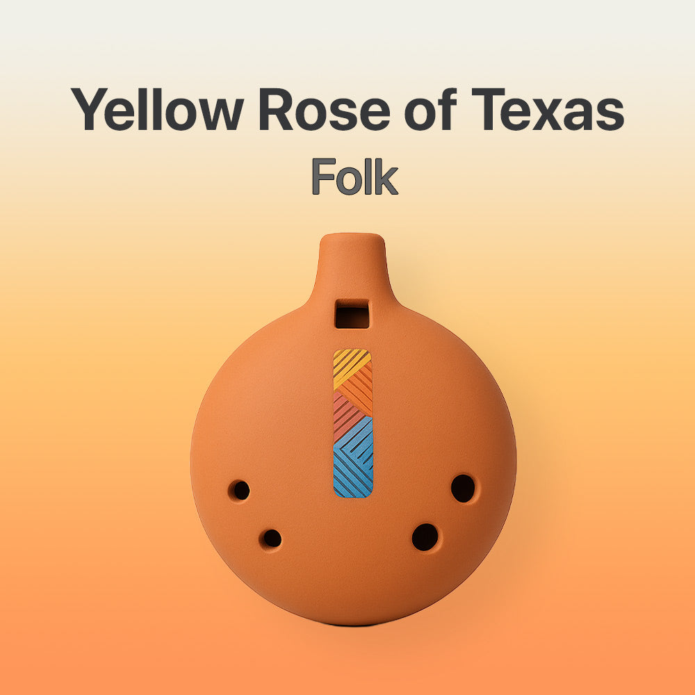Ceramic ocarina with colorful design on a gradient background, featuring the text 'Yellow Rose of Texas Folk'.