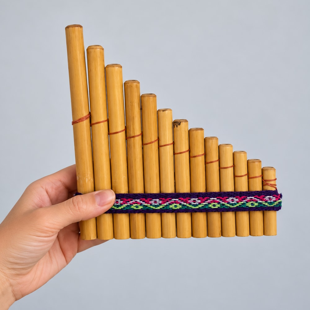 A hand holding a bamboo pan flute with a colorful woven fabric band around the middle, set against a plain light gray background.