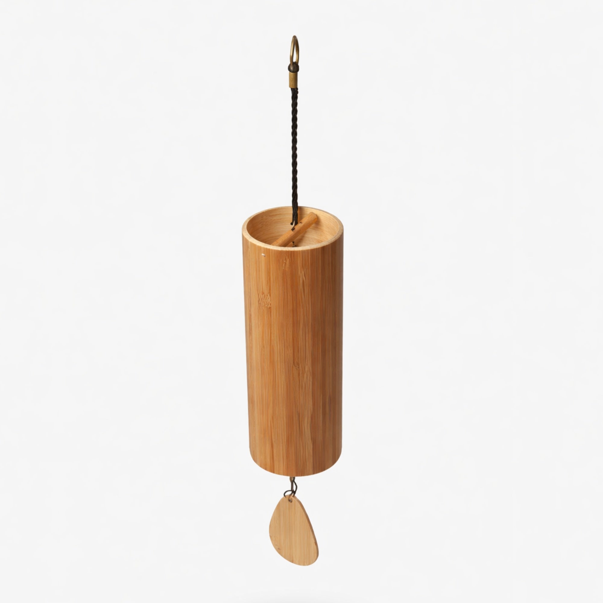 Bamboo hanging Koshi windchime with a leaf-shaped wooden pendant on a white studio background