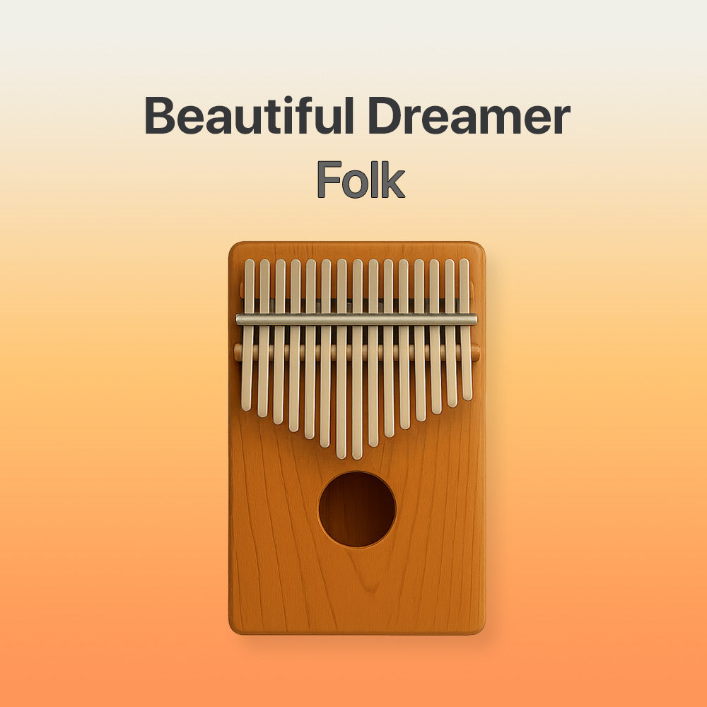 Wooden kalimba with metal tines on a gradient orange background, labeled 'Beautiful Dreamer Folk'.
