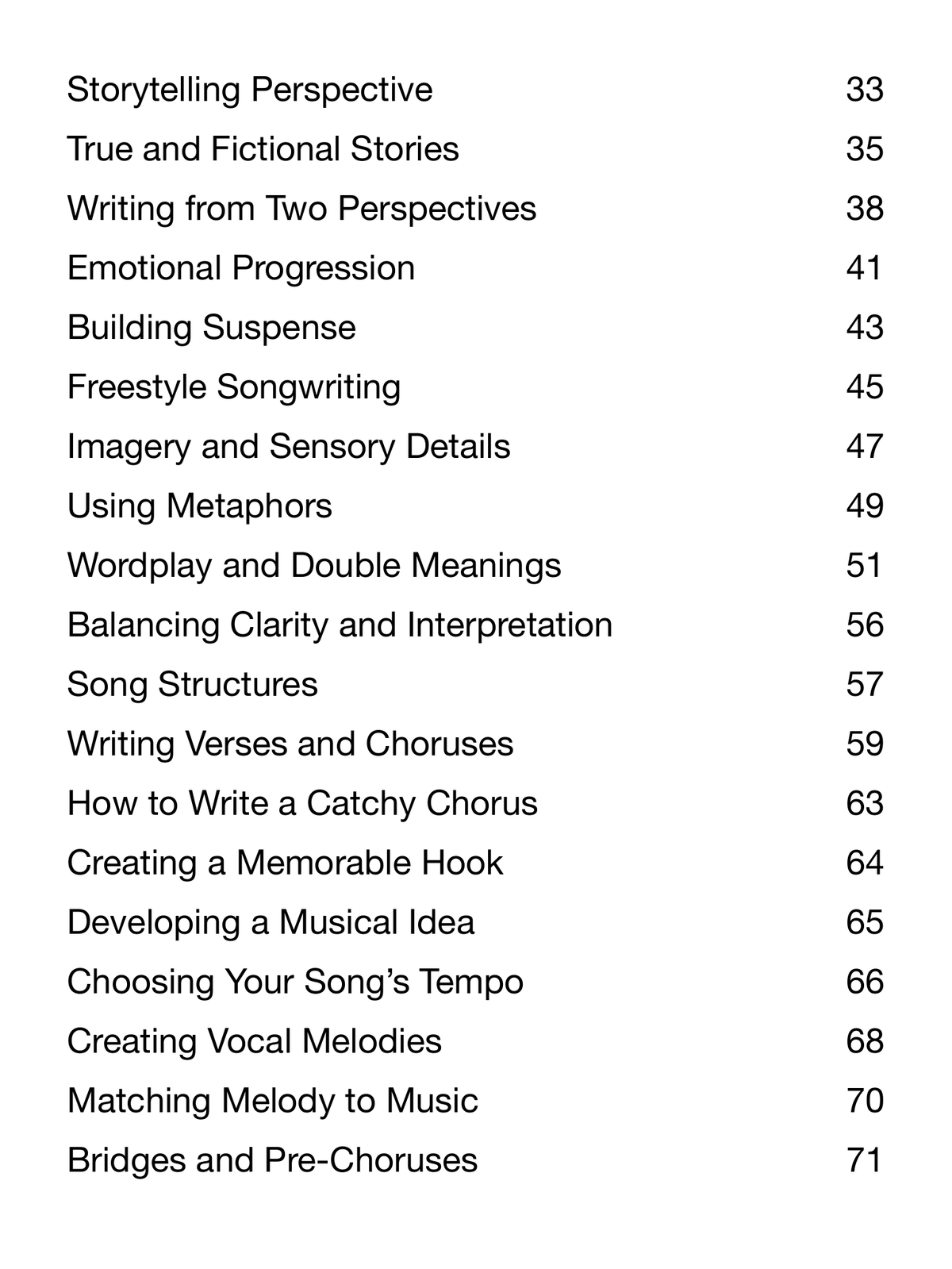 Become a Songwriter full table of contents, actual PDF page 2 of 3