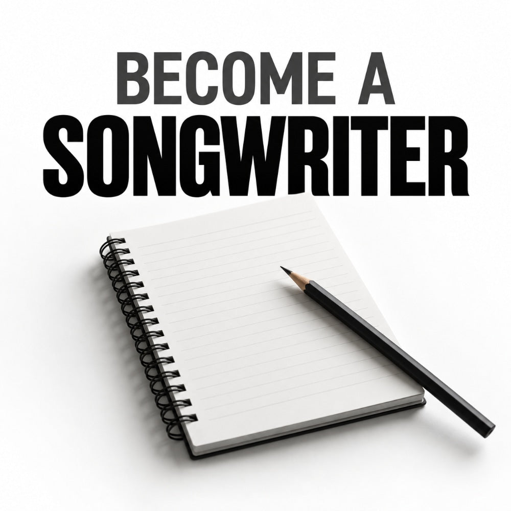 Become a Songwriter eBook cover featuring bold black title lettering above a spiral notebook and pencil