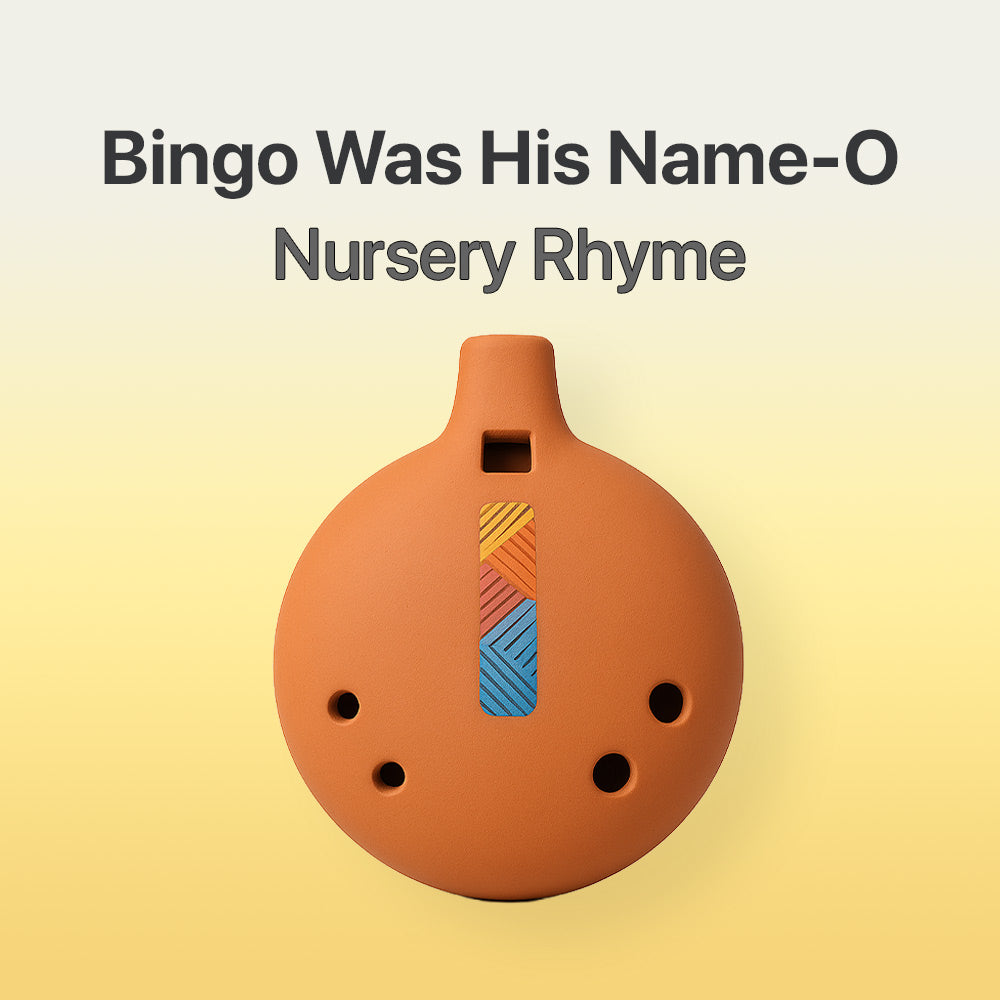 Terracotta-colored ocarina with colorful design on a gradient background, featuring text 'Bingo Was His Name-O Nursery Rhyme'.