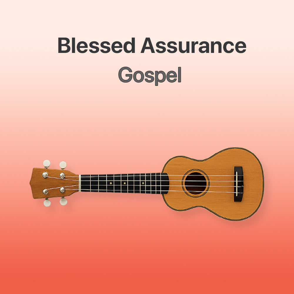 Wooden ukulele on a gradient background with 'Blessed Assurance Gospel' text.