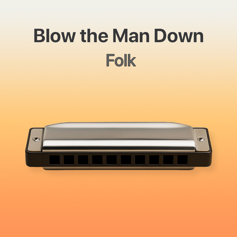 Harmonica on a gradient background with text 'Blow the Man Down Folk'
