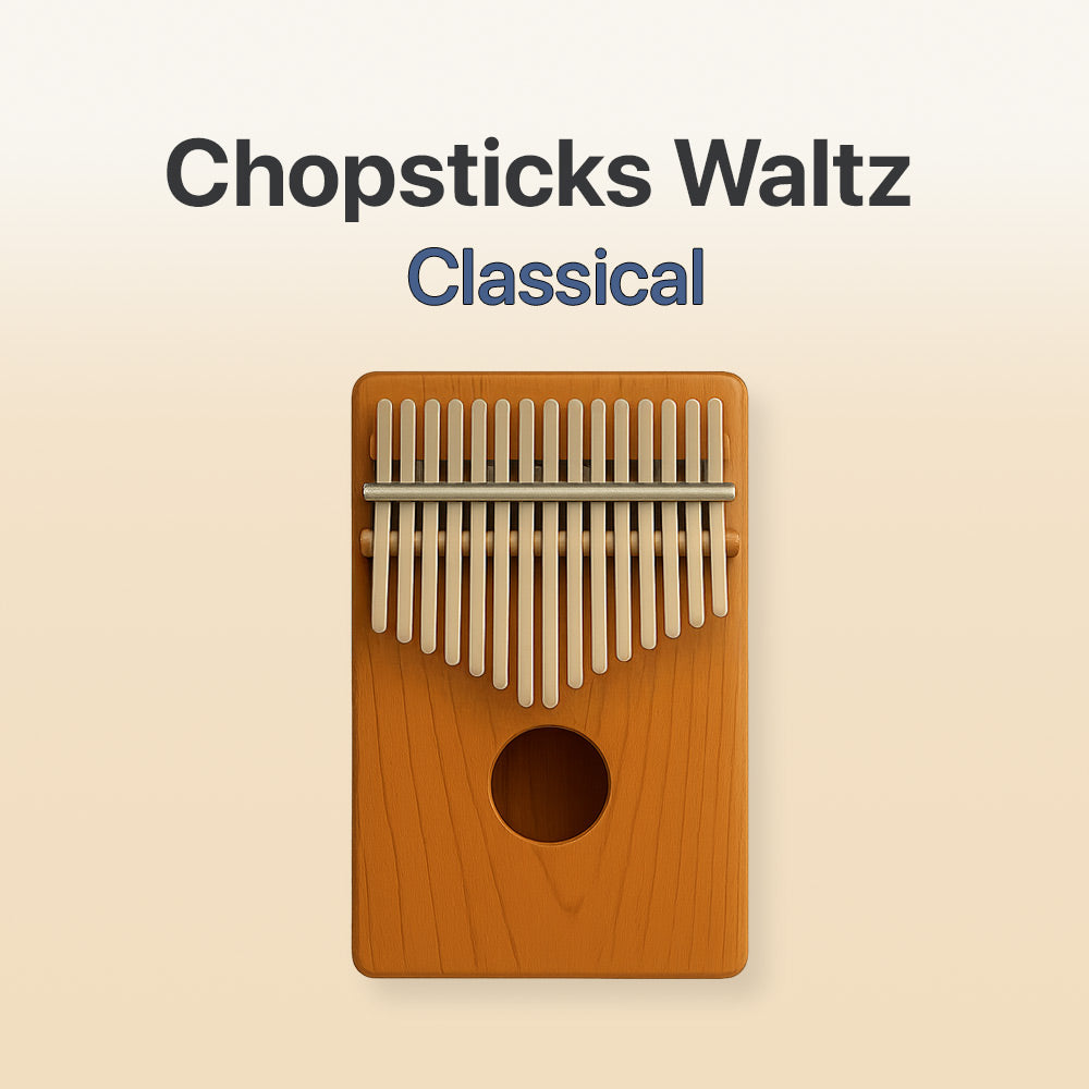 Wooden kalimba with metal tines on a beige background, labeled 'Chopsticks Waltz Classical'.