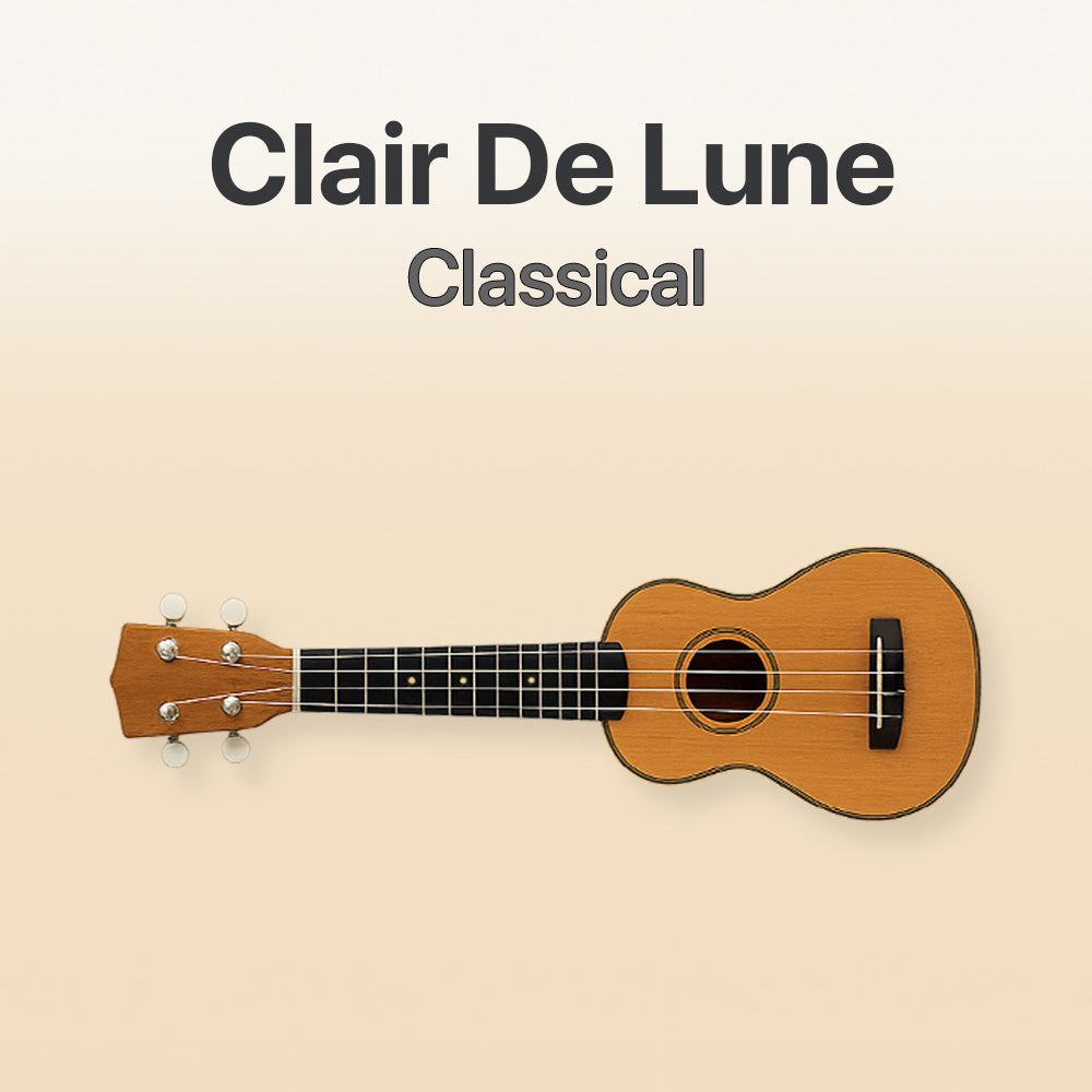 Wooden ukulele on a beige background with 'Clair De Lune Classical' text.