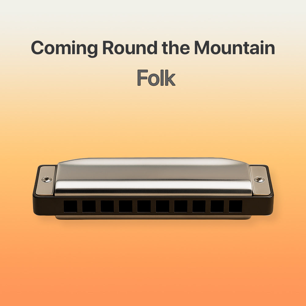 Harmonica on a gradient background with text 'Coming Round the Mountain Folk'.