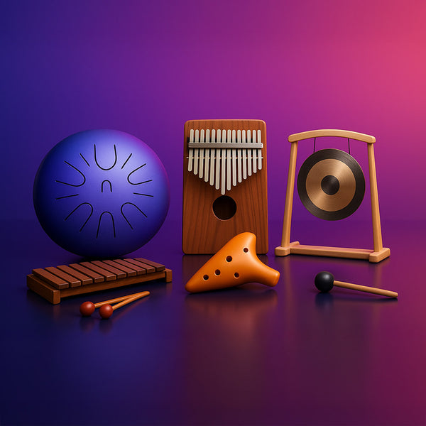 Collection of musical instruments on a gradient purple background