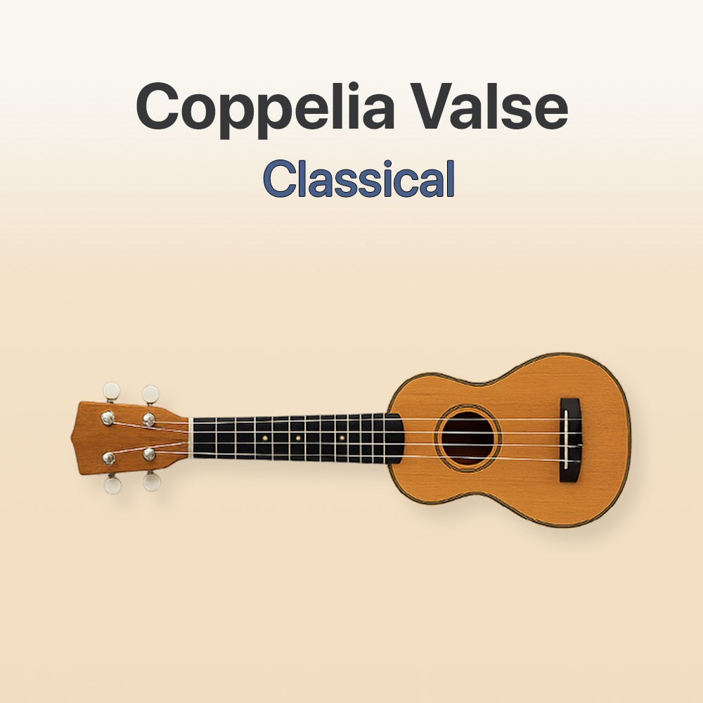 Wooden ukulele on a beige background with 'Coppelia Valse Classical' text.