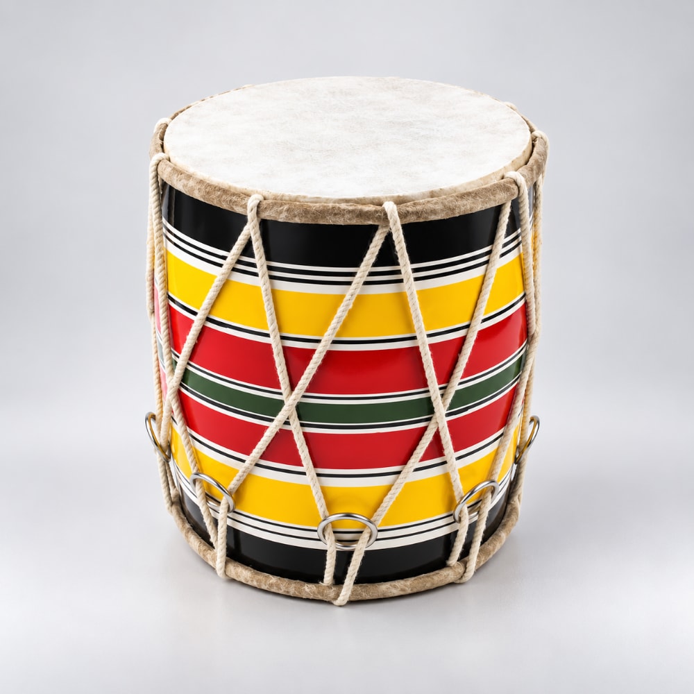 A dholak drum with a colorful striped pattern in black, white, yellow, red, and green, featuring a natural beige drumhead and rope lacing.