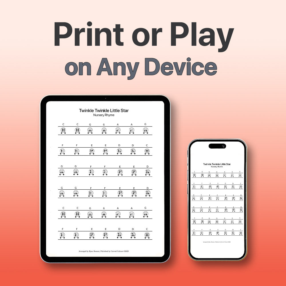 Digital sheet music displayed on a tablet and smartphone with 'Print or Play on Any Device' text.