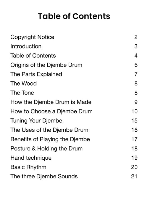 Table of contents for a book or document about the Djembe drum on a white background.