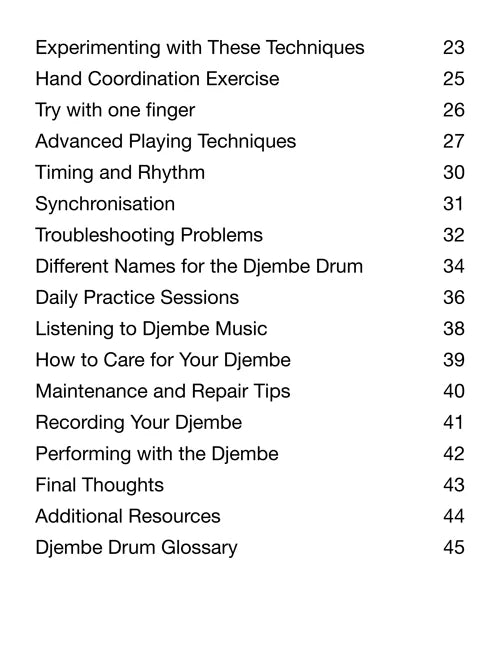 Table of contents for a book or resource on djembe drum techniques and care.
