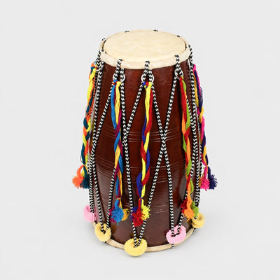 large fancy dhol drum with colourful string 