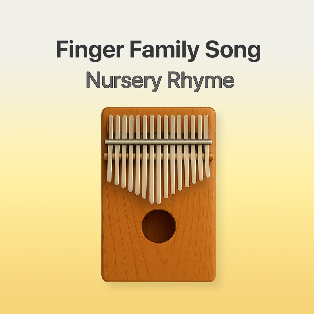 Wooden kalimba on a yellow background with text 'Finger Family Song Nursery Rhyme'.