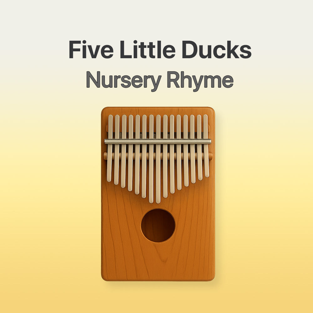 Wooden kalimba with text 'Five Little Ducks Nursery Rhyme' on a yellow background