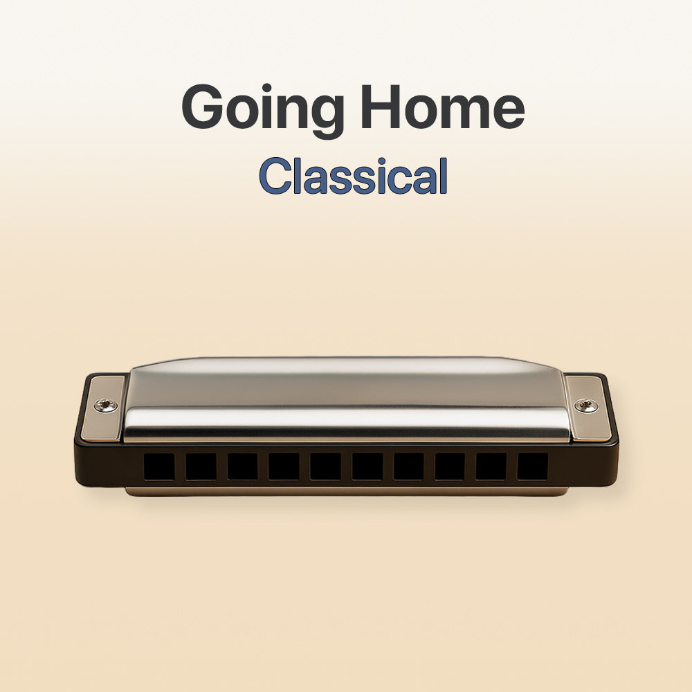 Harmonica on a beige background with 'Going Home Classical' text