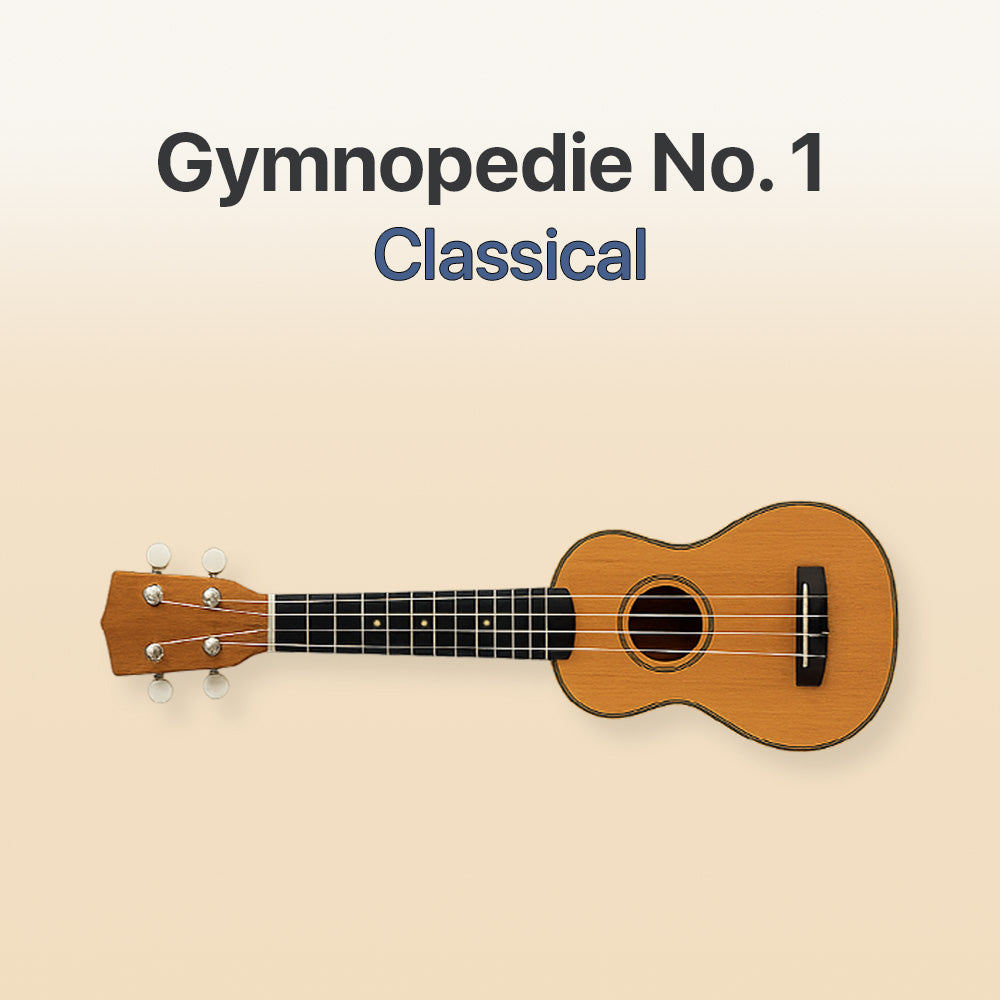 Ukulele with 'Gymnopedie No. 1 Classical' text on a beige background